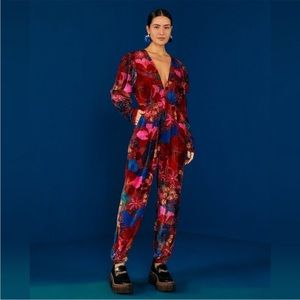 Farm Rio Snake Garden Red Jumpsuit XL Floral Print Velvet V Neck